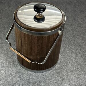 Vintage Mid Century KROMEX Walnut & Chrome Steel Ice Bucket & Butter Dish (9”) T